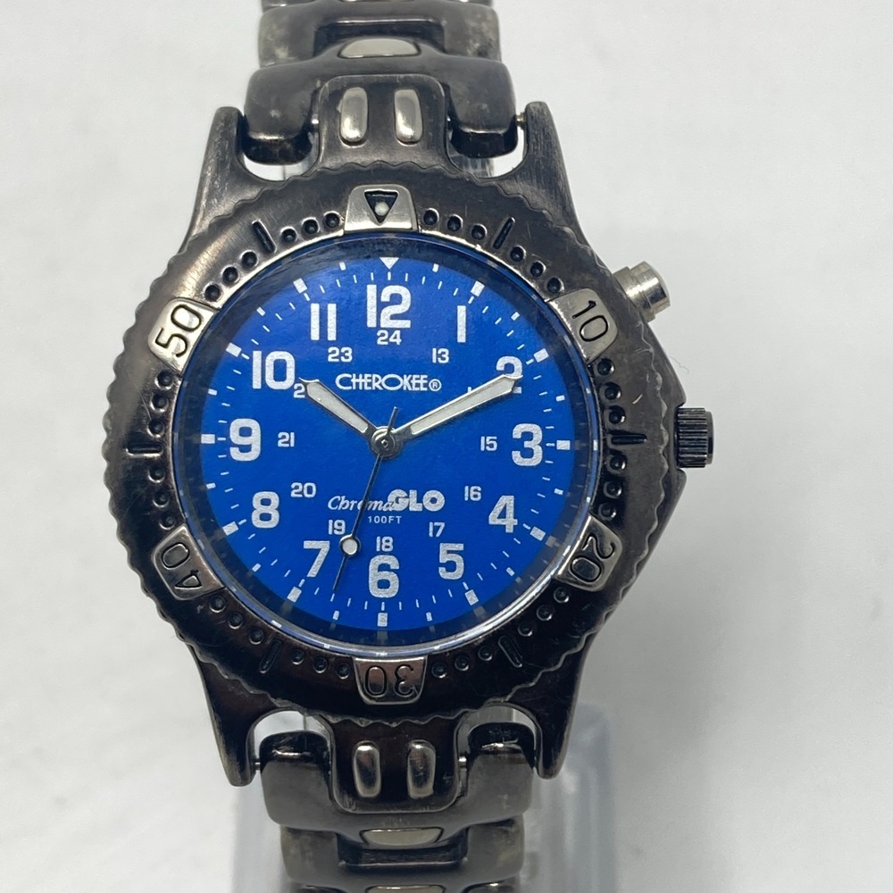 Cherokee Watch Men 37mm Gunmetal Gray Blue Dial ChromGlo 30M WR New Battery 8"